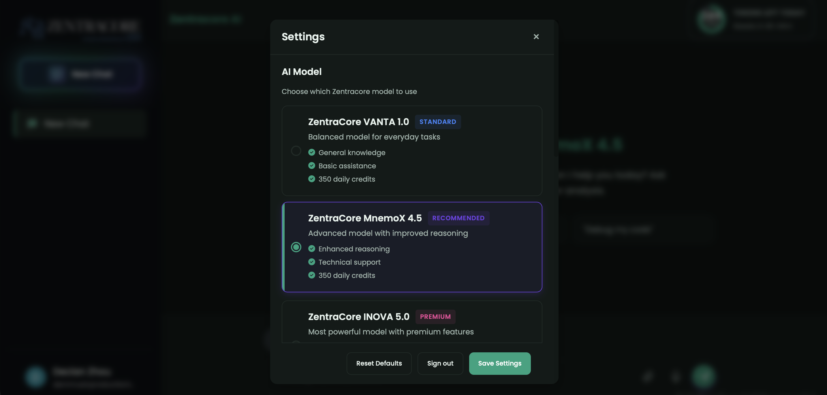 Settings page interface